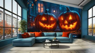 Two pumpkins with smiling faces and lit up eyes are placed on a path Wall mural