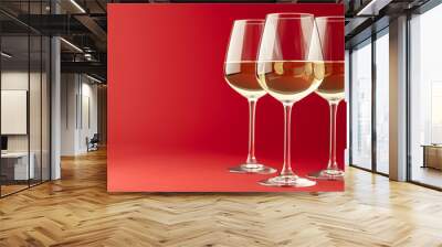 White wine in glasses isolated on a red background Wall mural