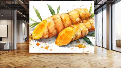 Watercolor Turmeric with leaves on transparent background Wall mural