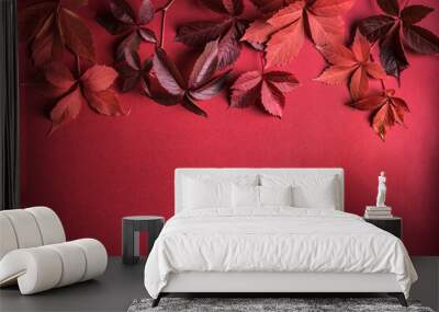 Autumnal red leaves on red background Wall mural