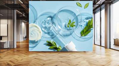 Gel sample and green leaves in petri dish Wall mural