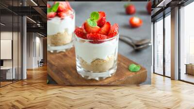 Strawberry cheesecake in glasses Wall mural