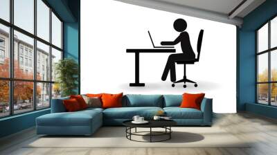 The man works on the computer at the table. Business icon. Wall mural