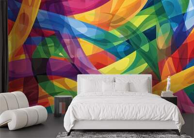 A joyful, colorful illustration of intertwined rainbow-colored ribbons set against a backdrop of abstract shapes and lines, symbolizing togetherness for LGBTQ+ Pride Month Wall mural