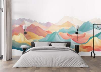 A tranquil vector illustration of geometric mountains and valleys in soft pastel hues, infused with LGBTQ+ Pride colors, symbolizing the journey and growth of the community, ideal for promotional Wall mural