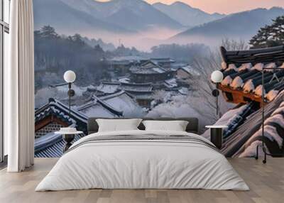 Sunrise at a traditional Korean hanok with mountains in the background. Generating AI Wall mural