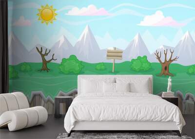 Seamless editable mountainous landscape with dry trees for game design Wall mural