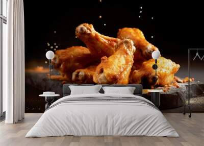 Crispy BBQ Chicken Wings - Presented with dark background. AI Generated Wall mural