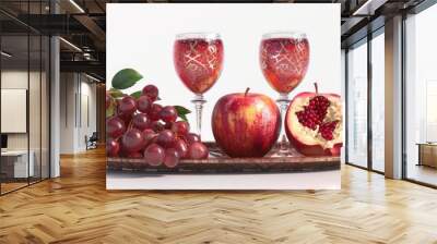 A minimalist arrangement of wine and fruit on a tray for a relaxing evening Wall mural