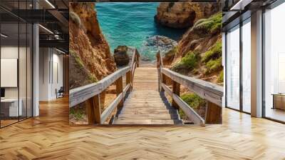 A wooden walkway leads down to the ocean, perfect for beach access or scenic views Wall mural