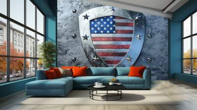 American flag on metal shield Wall mural