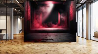 Dark red street building with fog created with AI Wall mural