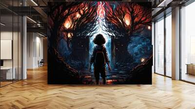 Girl silhouette in front of scary monster sky horror created with AI Wall mural