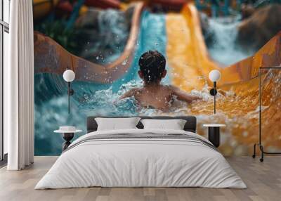 a boy has fun sliding down a slide in a water park in the summer. fun time during summer holidays Wall mural