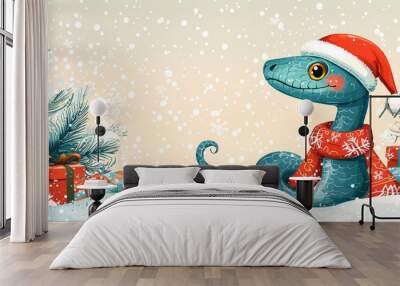 A festive blue snake in a Santa hat amidst snowy trees and colorful holiday gifts at wintertime Wall mural