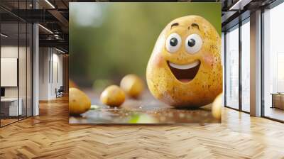 A joyful cartoon potato with big eyes and a wide smile sits among smaller potatoes, set against a soft green background, radiating fun and happiness. Wall mural