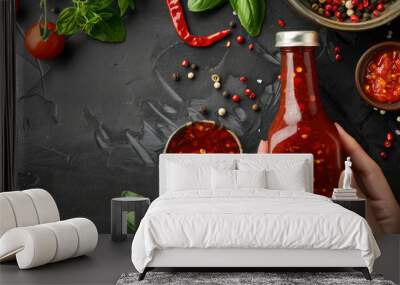 A vibrant arrangement of fresh tomatoes, herbs, and homemade chili sauce showcased on a dark stone surface during afternoon meal preparation Wall mural