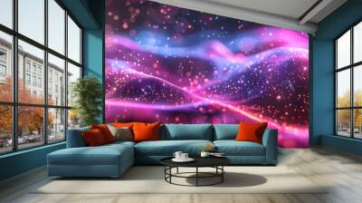 Bright sound waves representing voice and sound. Bright colors such as orange, blue and purple. Dark tech background with digital elements. Representing communication through technology. Wall mural