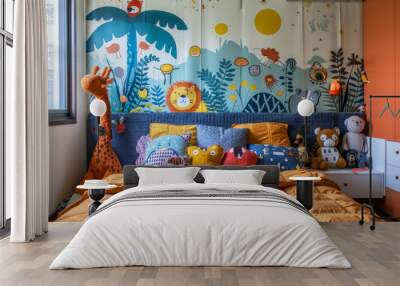 children's room interior. A bright children's room decorated in a jungle safari style. Blanket with safari animals, lions and giraffes. Wall stickers with tropical leaves and exotic birds Wall mural