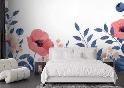 flat vector illustration. frame of pink and blue poppy flowers on the edges and empty space in the middle on white background Wall mural