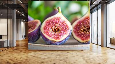 Fresh figs are beautifully displayed, showcasing their vibrant purple skin and intricate pink interiors, arranged on a rustic plate with a soft green background. Wall mural