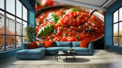 Fresh homemade tomato sauce in a rustic bowl. Spoonful lifted to show chunky texture. Garnished with basil leaves and herbs. Vibrant red color with visible seasonings.  Wall mural