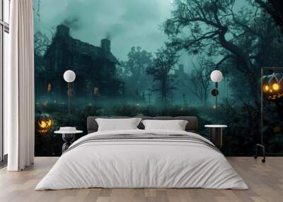 Halloween. A spooky forest with twisted trees and glowing eyes peering out of the fog. Scattered Halloween decorations such as skeletons and spiders Wall mural