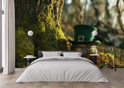 St.Patrick 's Day. pot of gold in the forest and green leprechaun hat Wall mural