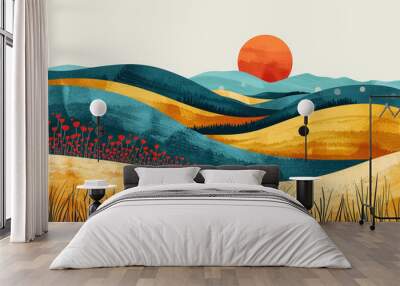 Stylized vector abstract illustration of a wheat field with flowing patterns and waves. Golden wheat in the sun's rays. rich harvest concept Wall mural