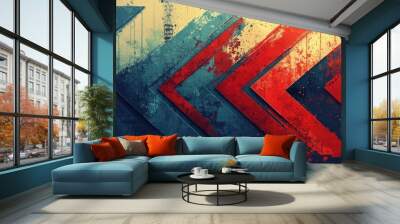 This artwork showcases bold chevron patterns in blue and red, with a distressed texture creating a striking visual impact. Wall mural