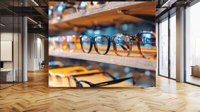 wall of glasses. display case with glasses for vision in an optical store Wall mural