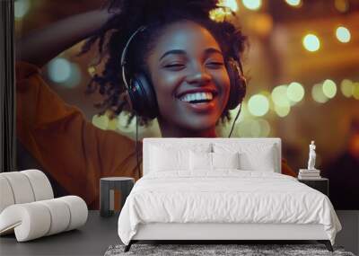 Woman with Headphones Smiling Wall mural