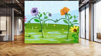 An Illustration of flowers with rain drop. Wall mural