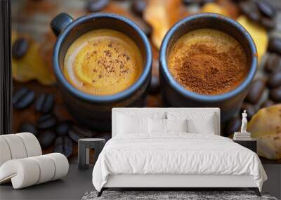 The aroma and flavor of two cups of coffee in a close-up view  Wall mural