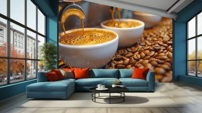 The aroma and flavor of two cups of coffee in a close-up view  Wall mural