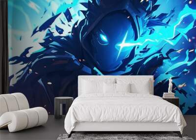 An Anime character charging up an anime special ability, radiating a vibrant blue glow with flames and eyes intensively illuminated in blue. Wall mural