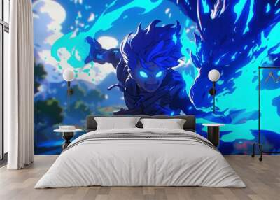 An Anime character charging up an anime special ability, radiating a vibrant blue glow with flames and eyes intensively illuminated in blue. Wall mural