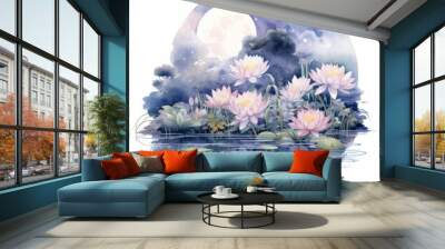 Floral Moon and Water Lilies on a white background. Wall mural