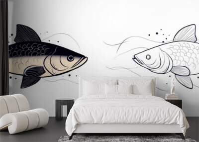 Two drawings of fish with a black and white line drawing of a fish. Wall mural