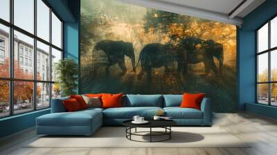 Group of elephants walking in the nature abstract art for background. Wall mural