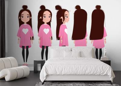 Beautiful young girl character turnaround. Girl with long dark hair in pink t-shirt. Animation character design Wall mural