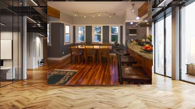 kitchen breakfast bar and dining area table and chairs with wood floors, granite countertops, accent Wall mural