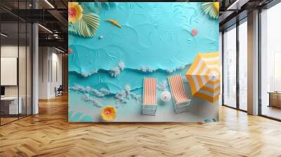 3d paper paradise bright sunny colors island beach umbrella two lounge chairs tropical beach background copy space Wall mural