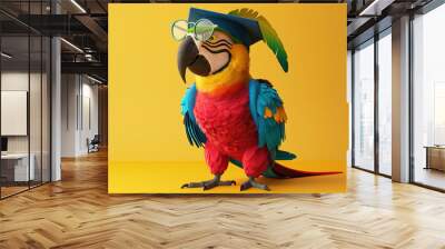 cartoon plumage vibrant colors Macaw Parrot Graduation cap large prescription glasses isolated yellow background Wall mural