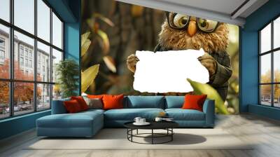 fun owl cute suit large prescription glasses holding transparent PNG banner sign isolated green leaves and brown branches copy space Wall mural