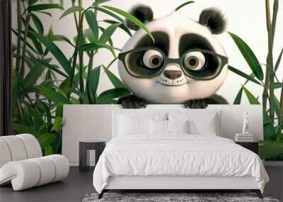 happy smiling cute Panda large prescription glasses holding banner sign 3D green leaves and Bamboo branches Copy Space  Wall mural