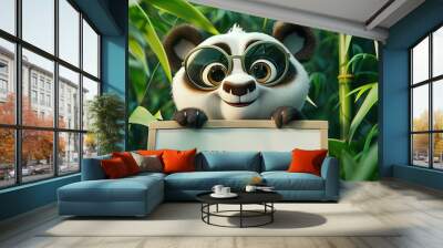 happy smiling cute Panda large prescription glasses holding banner sign 3D green leaves and Bamboo branches Copy Space  Wall mural