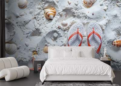 Women's flip-flops white sandy beach small colorful shells starfish concept of summer vacation copy space 4 Wall mural