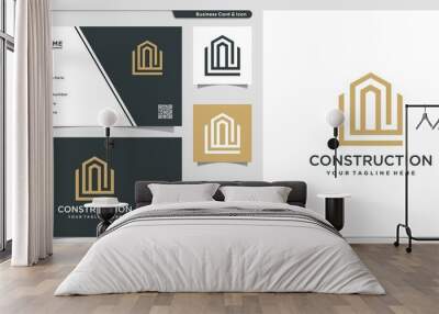 Construction logo with line art style and business card design template Premium Vector Wall mural