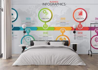 Infographic business horizontal timeline process chart template. Vector modern banner used for presentation and workflow layout diagram, web design. Abstract elements of graph options. Wall mural